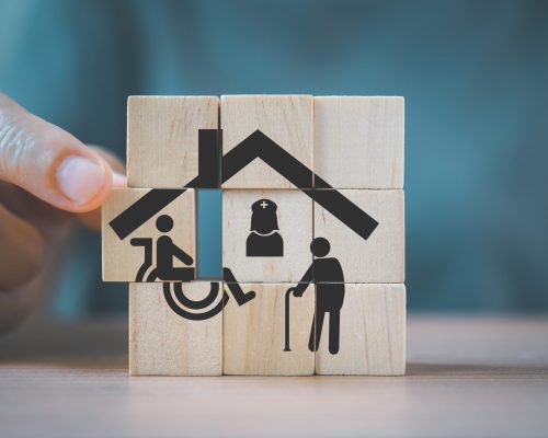 Senior,Woman's,Hand,Completed,House,Shape,Icon,With,Nurse,,Elderly
